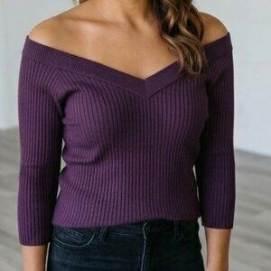 Vintage 80's 90's Purple Off the Shoulder Cable Knit Sweater L to XL V-Neck